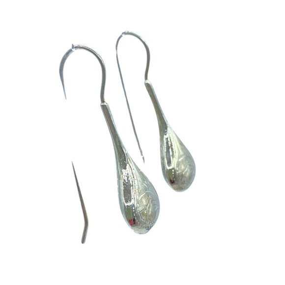 Vintage Sterling Silver Etched French Teardrop Long Wire Dangle Drop Earrings - Picture 3 of 9